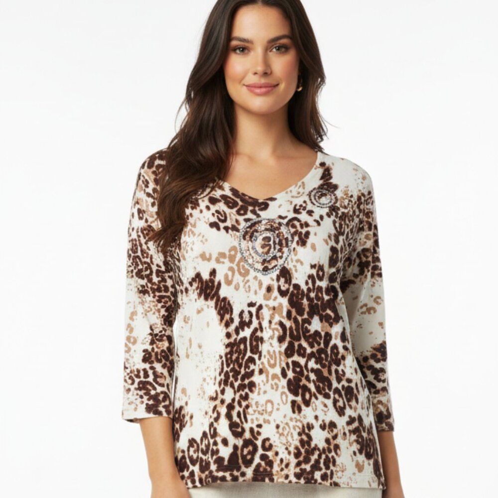Nwt Choices Plus Size 1X Blouse 3/4 Sleeve V-Neck Leopard Print Sequin Detail